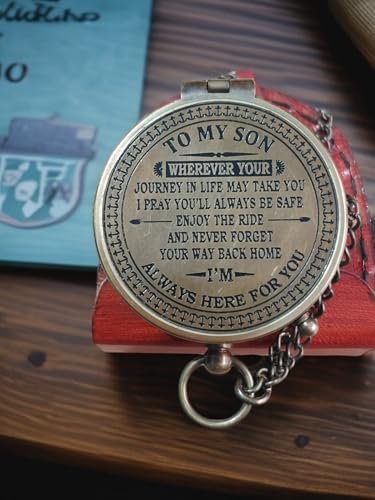 Brújula de latón grabada con cita inspiradora - Brújula de bolsillo vintage con estuche de cuero - Regalo para hijo de papá o mamá para cumpleaños, graduación, despliegue, Navidad - Recuerdo para hijo miniatura 3