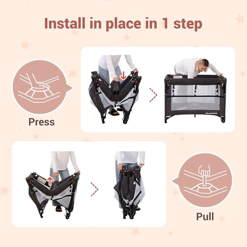 ELEMARA 5 in 1 Pack and Play, Adjustable Baby Bedside Bassinet Sleeper,1-Second Setup Foldable Playard from Newborn to Toddles,Bedside Crib with Changing Table,Portable Travel Bassinet,Ziper Door,Gray