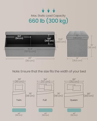 SONGMICS MAZIE Collection - 43 Inches Folding Storage Ottoman Bench, Ottoman Foot Rest, End of Bed Bench, Storage Chest, Load 660 lb, for Living Room, Bedroom, Entryway, Light Gray ULSF77G - Image 4