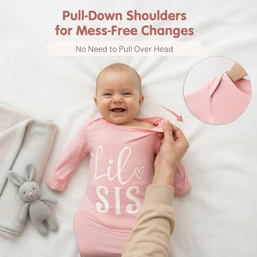 Image of Little Baby Sister Newborn Girl Outfit, Cute Knotted Gown 0-3 Month Soft Infant Going Home Sleepers