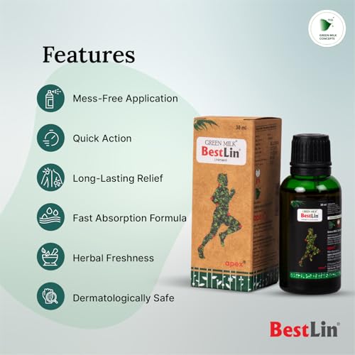Image of Green Milk Bestlin Liniment | Ayurvedic Pain Relief Oil | Compact Joint & Knee Pain Oil for Back & Muscle Discomfort | Clean Non-Greasy Pain Relief Oils | Herbal Liniment for Daily Mobility | 30ml (Pack of 1)