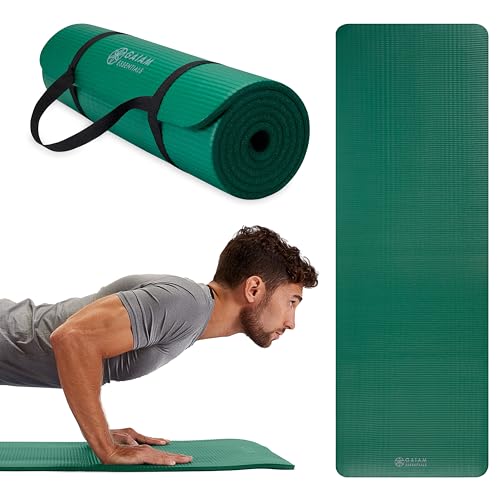 Gaiam Essentials Thick Yoga Mat - Fitness and Exercise Mat with Easy-Cinch Carrier Strap Included - Soft Cushioning and Textured Grip - Multiple Colors Options (Green, 72'L X 24'W X 2/5 Inch Thick)