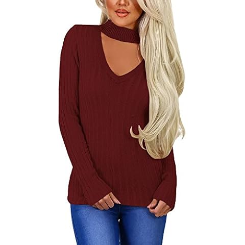 MAYFASEY Women's Solid V-Neck Casual Long Sleeve Loose Knit Pullover Sweater with Choker S Wine Red Cover