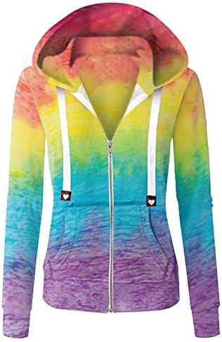 Women Casual Full Zip Up Hoodie Tie-Dye Gradient Top Long-Sleeve Pockets Shirts Drawstring Sports Sweatshirt Yellow