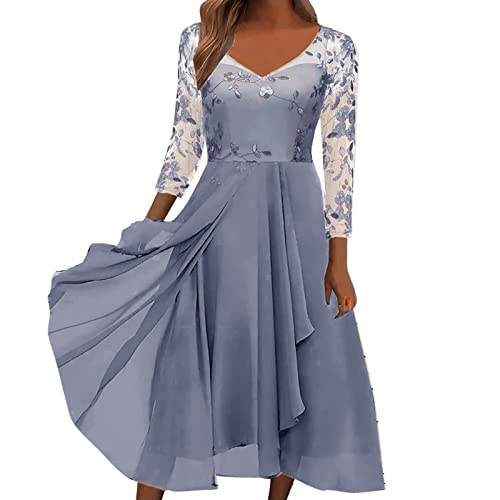 QWUVEDS Vestidos de invierno para mujer, gasa, patchwork, cuello en V, malla, hueco, vestido largo de dama de honor, vestido de noche, vestido casual, vestido de encaje, manga larga, azul, L