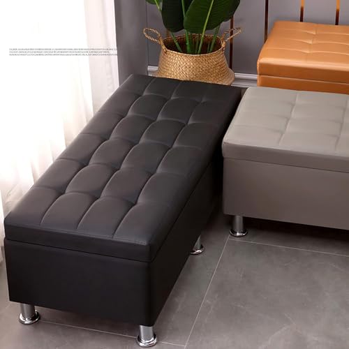 Tabouret ottoman coffre de rangement en cuir capitonné jaune 100x50x40 cm - 5