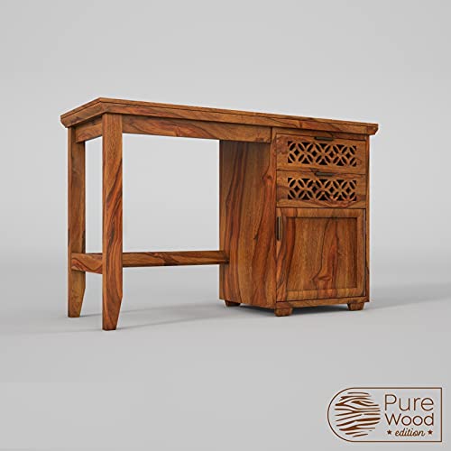 Image of Solid Sheesham Wood Study Table for Students Laptop Office Desk Workstation Writing Tables with 2 Drawer and 1 Cabinet Storage (Honey Finish, 46 x 18 x 30 INCH)
