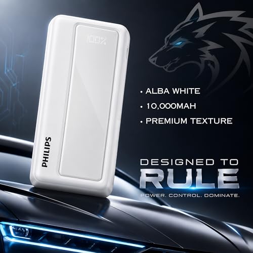 Image of Philips 10000mAh 22.5W Fast Charging Power Bank (Alba White) with Digital LED Display | Type-C & USB-A Input /Output | 3 Output Ports | Lithium Polymer Battery | Portable for Mobile, Tablet & Earbuds