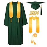 FIHCH Unisex Matte Graduation Cap and Gown 2024 Tassel Stole Honor Cord Set for High School and College Green