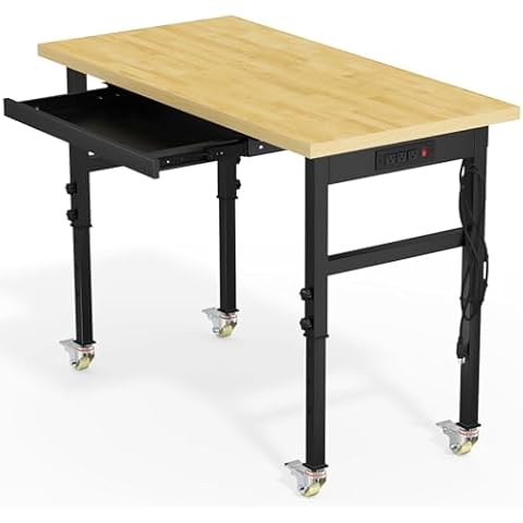 48" Adjustable Workbench with Drawer&Power Outlet, Heavy Duty 3000 LBS Load Capacity Hardwood Workbench Suitable for Workshop, Office, Garage, Home (Metal Wheel, Drawers, Power outlets,48") Cover