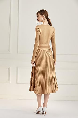 Image of Women's Long Sleeve Sweater Dress Ankle Length Fall Dress Vneck Knit Winter Dress