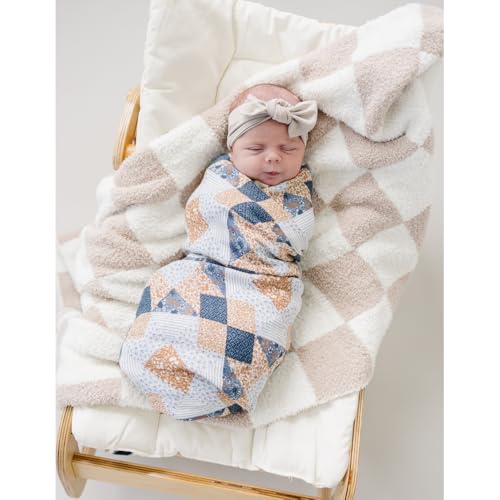 Image of Mebie Baby Patchwork Print Muslin Swaddle, Modern and Neutral Swaddle Blanket for Baby Girl or Boy, Soft Baby Blankets, 0-3 Month, Comfy Wrap, Baby Essentials & Gifts