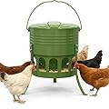 Metal Chicken Feeder No Waste, 20 Lbs Large Automatic Chicken Feeder with 12 Ports, Adjustable Height Poultry Feeder with Lid & Handle, Rat Proof Rust Proof Feed Box for Poultry & Backyard Chickens
