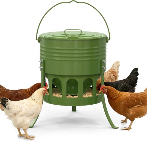 Metal Chicken Feeder No Waste 20 Lbs Large Automatic Chicken Feeder with 12 Ports Adjustable Height Poultry Feeder with Lid & Handle Rat Proof Rust Proof Feed Box for Poultry & Backyard Chickens