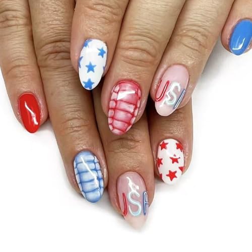French Tips - Uñas postizas para el Día de la Independencia con diseños patrióticos, cubiertas completas, uñas adhesivas para festividades del 4 de julio