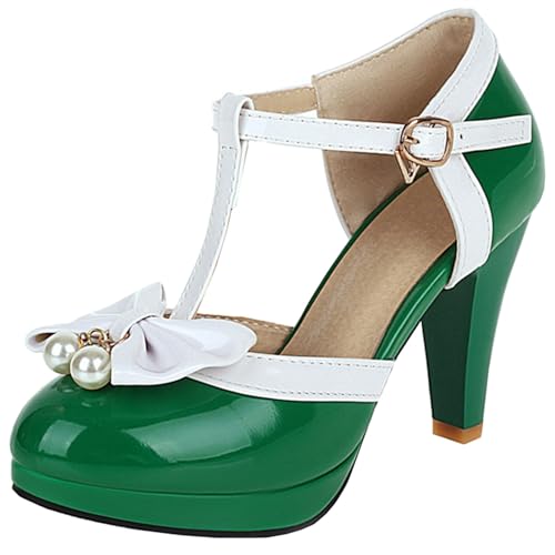 Image of Elbslutt Women's Cute Retro Rockabilly Shoes T Strap Mary Janes Heels Chunky Cosplay Shoes Sweet Block Heeled Bow Pumps