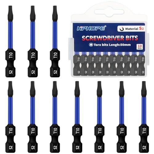 HPHOPE 2 T10 Torx Bits for Impact Driver 10pack S2 Steel 1/4 Hex-Shank
