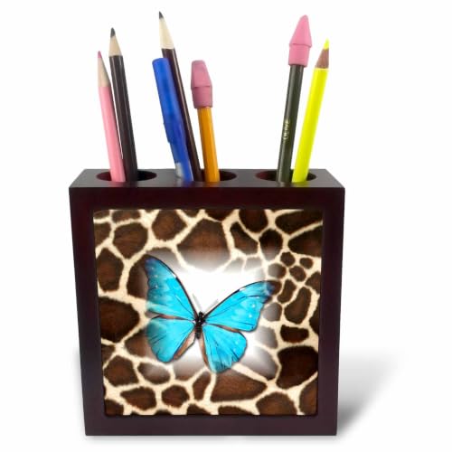 3dRose Turquoise Butterfly On Giraffe Fur 5 inch tile pen holder