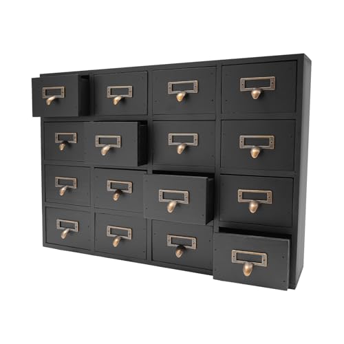 16 Drawers Library Card Catalog Cabinet, Apothecary Cabinet, Apothecary Chests and Cabinets, Herb Storage Box, Wooden Desk Drawer Organizer (Black)