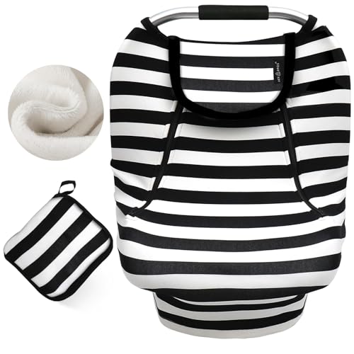 ACRABROS Car Seat Covers for Babies,All Season Infant Carseat Cover Canopy for Boys and Girls,Stretchy Adjustable Peeping Window with Mesh Cover,Warm Breathable Universal,Black White Stripe
