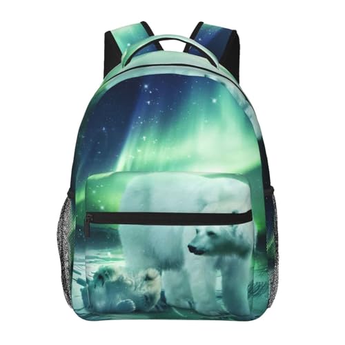 Sac à dos léger OdDdot toile noir motif ours polaire style aurore boréale pour ordinateur portable