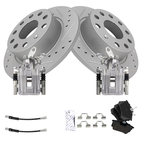 Image of TRQ Performance Rear Brake Pad and Rotor Set Ceramic Slotted Drilled 253 mm Rotors Calipers Hoses Compatible with 2010-2013 Audi A3