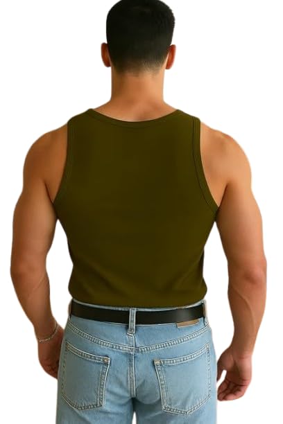 Image of R LON Men's Cotton Ribbed Regular Fit Solid Round Neck Vest | Anti Bacterial Finish, Racer Back Baniyan for Man, Comfort Man's Inner,Sando