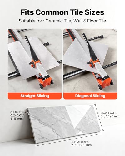 Image of VEVOR 71-Inch Manual Tile Cutter, Upgraded Rail and Sliding Head, Precision Alignment Guide, Tungsten Carbide Cutting Wheel, Support Legs with Swivel Wheels, for DIY Pros, Ceramic, Floor, Wall Tiles