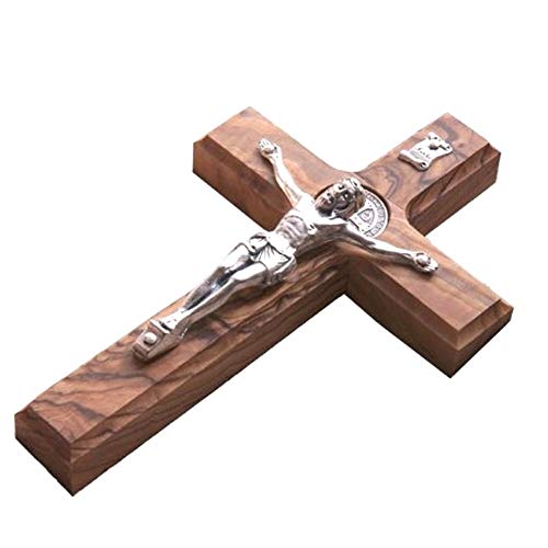 10 Wall Wood Cross St. Saint Benedict & Medal Holy Land Handmade Silver Plated Crucifix