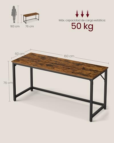 Miniatura 5 de VASAGLE Escritorio, Mesa Oficina Pequeña y Estación Trabajo, Mesa para Teletrabajo, Estudio, Dormitorio, 60 x 160 x 76 cm, Estilo Moderno, Estructura Metal, Marrón Rústico y Negro Tinta LWD121K01