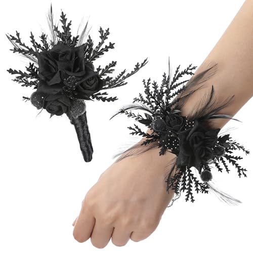 PartyforU Black Gothic Wedding Corsage Boutonniere - Dark Rose Boutonniere Wrist Corsages Set for Men Groom Bride Dinner Party Anniversary Ceremony