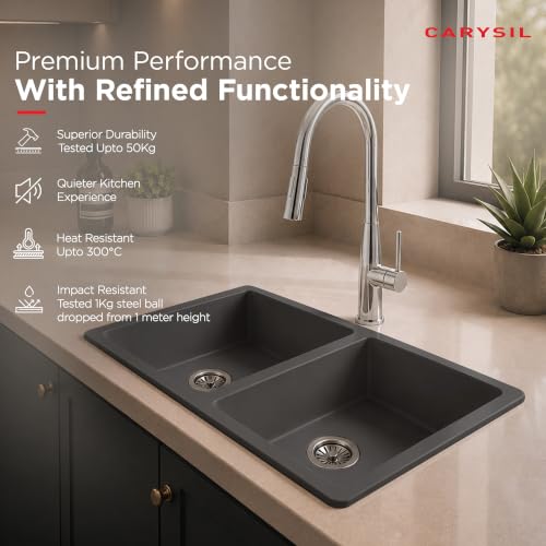 Image of Carysil DOLCE UK Quartz Kitchen Sink 34 x 20 x 8 inches, Single Bowl, 80% Quartz & 20% Resin, Heat Resistant 300C, 50kg Load, Scratch & Stain Resistant, Granite Sink, 304 SS Coupling - Whisper Grey