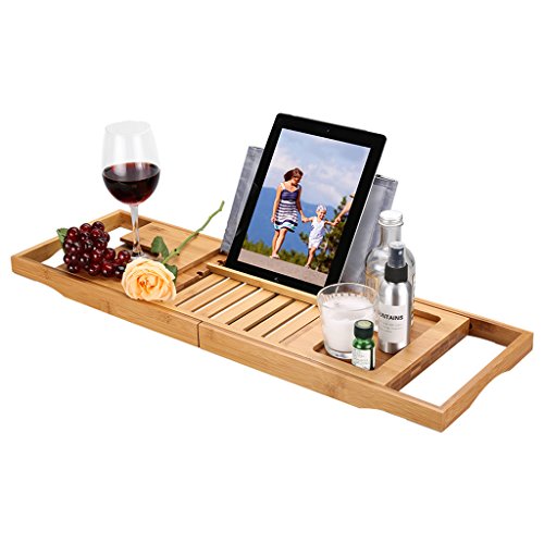 LANGRIA Bathtub Caddy Wood Bamboo Bath Tray with Wine and Book Holder Extending Sides Non-Slip Rubber Base, HIGH-Class, Natural Bamboo Color
