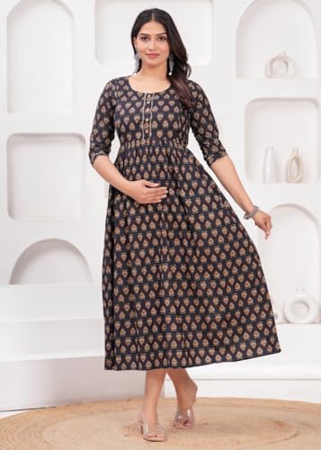 Image of Women Feeding Kurti for Women Cotton Maternity Kurta with Nursing Zip for Pre & Post Pregnancy