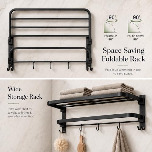 Image of Arena18 inch Folding Towel Rack with Shelf Stainless Steel Towel Holder in Bathroom Wall Mounted Towel Rack Stand in Bathroom Durable & Space Saving Matte Black Finish Bathroom Organizer (Packof 1)