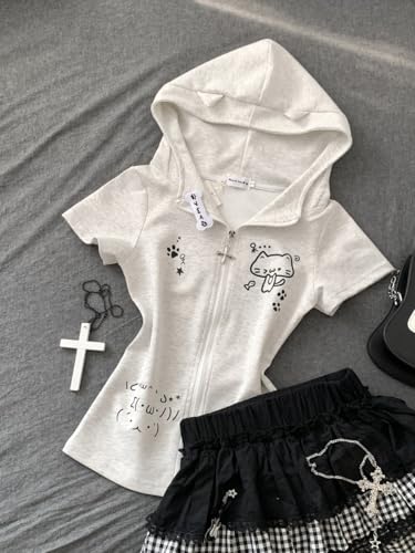 GOTHPICKUS Kawaii Y2K Cute Print Hoodies For Women Short Sleeves Cat Ears Hoodie Kawaii Zip Up Casual Slim Fit Outfits (Cat Grey,Medium)