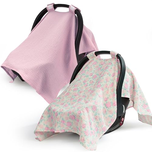 Image of SERAPHY 100% Muslin Cotton Car Seat Cover Baby, 2 Pack Universal Carseat Covers Baby Boy Girl, Breathable Car Seat Canopy, Soft Infant Car Seat Cover for Summer and Winter-2 Pcs Pink&Flowers