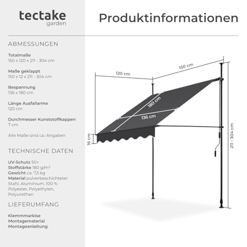 tectake® Klemmmarkise mit Handkurbel, Balkon Markise ohne Bohren, Markise höhenverstellbar, UV-beständig, wasserabweisend, Terrassenüberdachung, Sonnenschutz Terrasse & Balkon, 150 cm - schwarz/grau 6