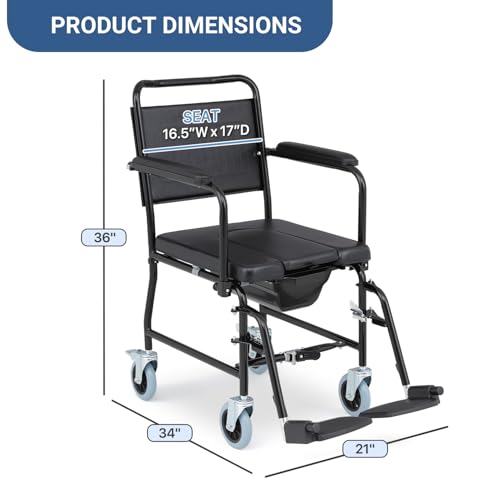 monicare Lightweight Transport Wheelchair with Commode and 16.5-Inch Seat, Wheel Chair for Elderly with Swing-Away Footrest, Flip-Back Arms (220-Lbs Weight Capacity, Black Frame)