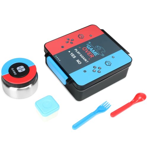 Image of Gamer Bento Lunch Box for Kids, 60 OZ Kids Lunch Box with 8 OZ Leakproof Stainless Steel Insulated Food Jar, 3-4 Compartments Bento Box for School, Includes Sauce Cup & Divider (Red-Blue-PLAYAGAIN)