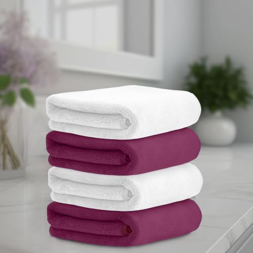 Image of HOUSSE Microfiber Face Towels | Ultra Absorbent, Odour-Free, Quick Dry 550 GSM Face Towel for Home, Gym, Travel, Running and Personal Use | 30x30 cm | Set of 4 Snow White & Red Plum,Pack of 4