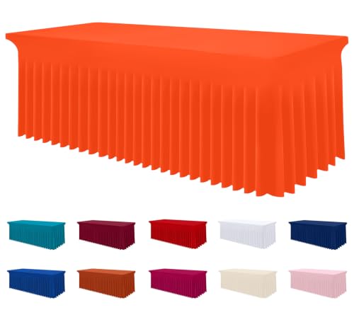 Image of Smiry Spandex Elastic Fitted Table Cloth Skirt for 6FT Rectangle Table | Stretch Washable Table Cloth, Banquet Table Cover for Wedding, Party, Indoor & Trade Shows, (Orange, 72Lx30Wx30H)
