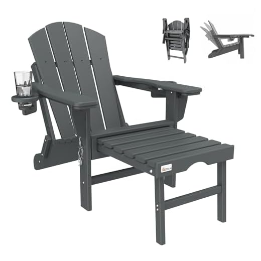 Mdeam Adirondack Stuhl Klappbar, Gartenstuhl mit Verstellbarer Rückenlehne & Fußstütze für Garten Terrasse, Adirondack Chair mit 2 Getränkehalter, Wetterfestes HDPE, Grau