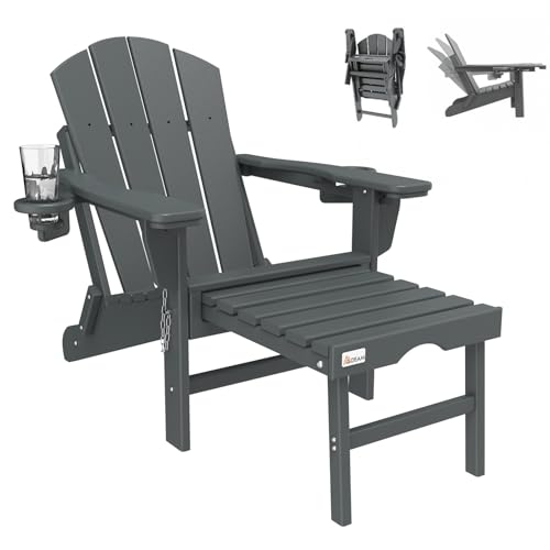 Mdeam Adirondack Stuhl Klappbar Gartenstuhl mit Verstellbarer Rückenlehne & Fußstütze für Garten Terrasse Adirondack Chair mit 2 Getränkehalter Wetterfestes HDPE Grau