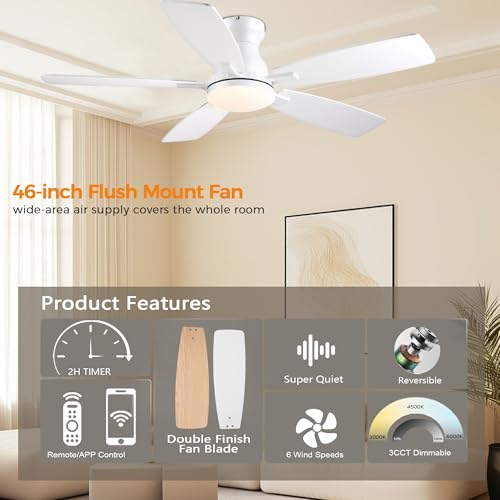 Image of JSAITEE 46in Ceiling Fans with Lights - Flush Mount Low Profile Ceiling Fan with DC Motor, 6 Speeds 3CCT Dimmable, Modern Indoor Fan Light Fixtures for Bedroom, Kitchen, White