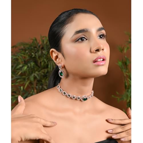 Image of I Jewels Rose Gold Plated Stylish Design Crystal Diamond Necklace & Earrings Jewellery Set for Women