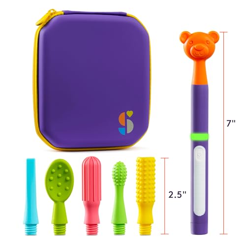 Special Supplies Buzz Buddy Oral Motor Stimulation Kit with 6 Soft Textured Interchangeable Heads, Calm Sensory Needs, Support Speech, and Stimulate Self Feeding, Gentle Vibrations (Purple) - Image 6