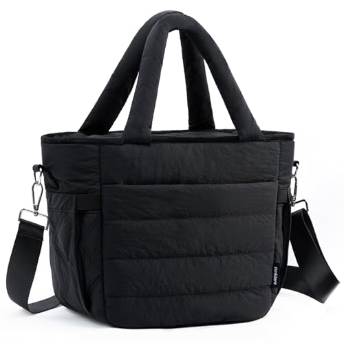 Elmklare Insulated Lunch Box Tote Bag, 12L Stylish Puffer Soft Lunch Bag for Women, Leakproof Quilted Cooler Bag with 4 Pockets & Adjustable Shoulder Strap for Work, Picnic, Outdoor Travel, Black