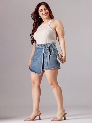 Image of Miss Chase A+ Women's Regular High Rise Mild Distress Regular Denim Skorts