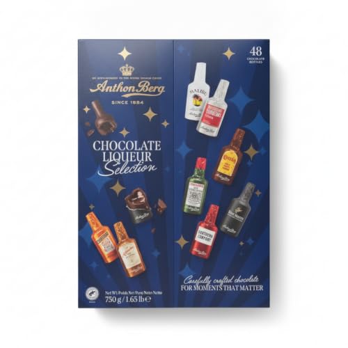 Anthon Berg Selección de 48 Botellas de Chocolate Negro con Licor - Estuche de 750g - Incluye Cointreau, Remy Martin, Malibu y Kahlúa - Bombones de Chocolate con 50% Cacao Sostenible -by NEXU